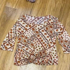 SJS Orange and Cream Floral Long Sleeve Top; size Petite Large